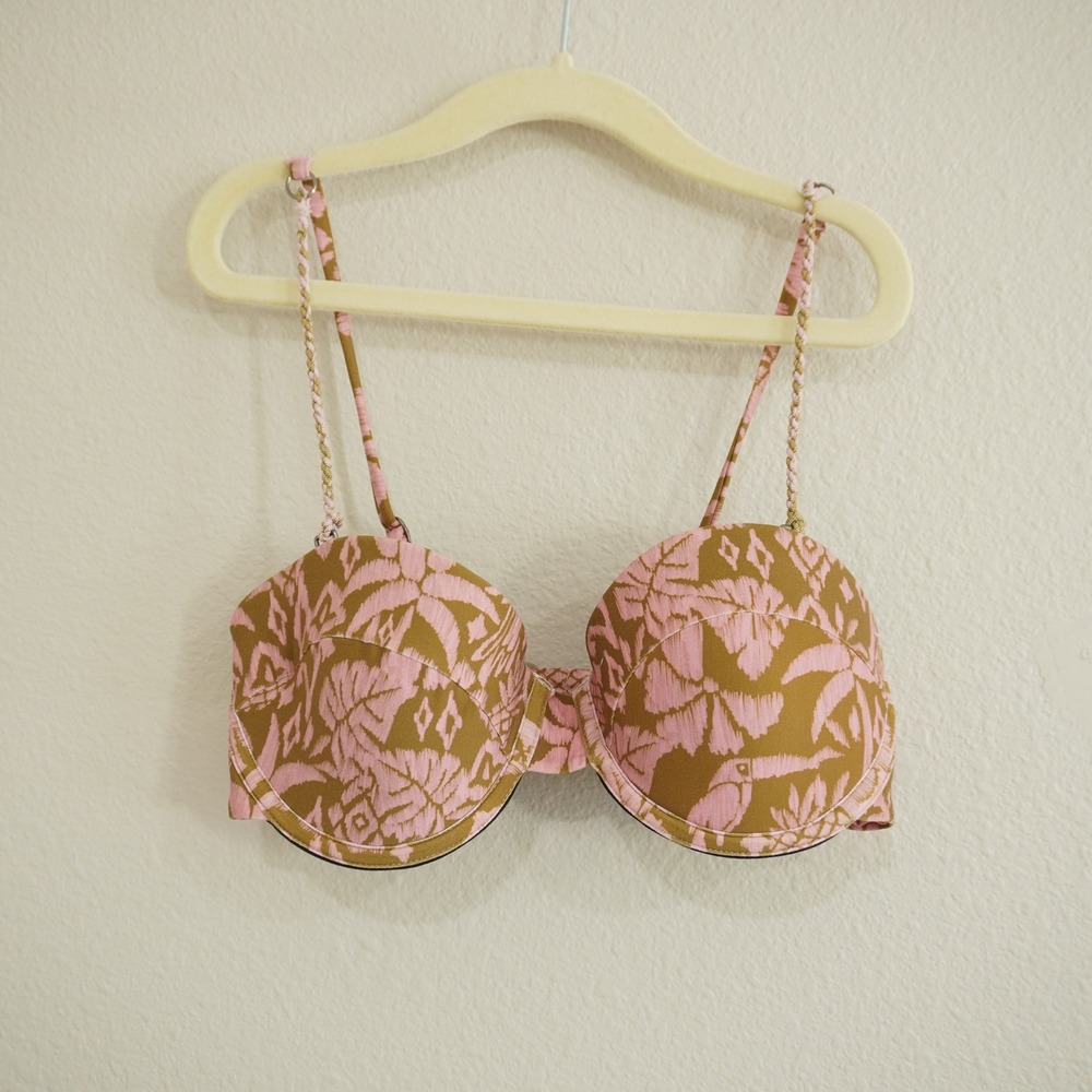 Maaji Pink Olive Tropical Ikat Underwire Bikini Top Bra Braided Straps Women